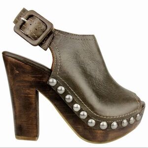 Brown Leather Studded High Heel Clogs Shoes NEW